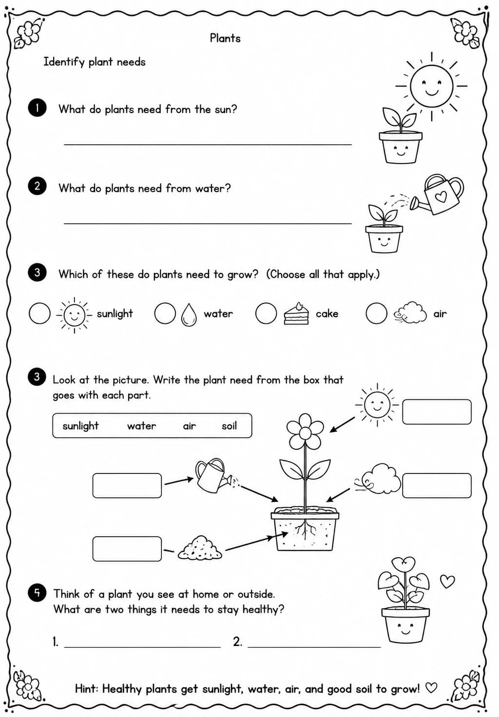 Identify plant needs — free printable Grade 1 Science worksheet