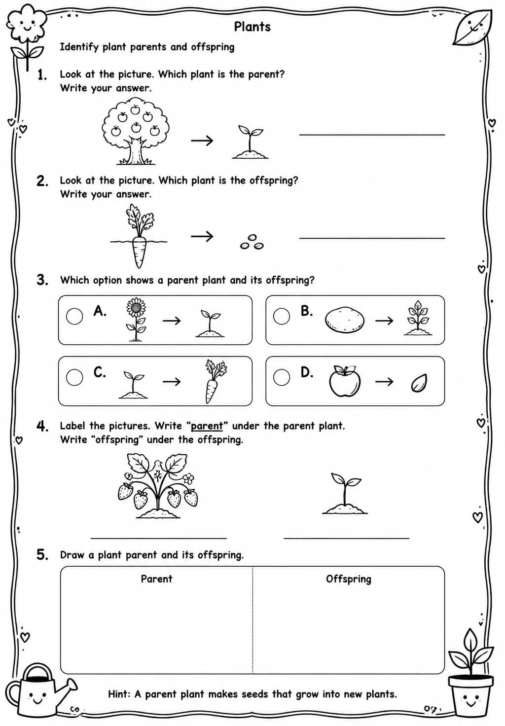 Identify plant parents and offspring — free printable Grade 1 Science worksheet