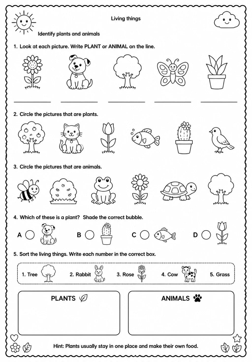 Identify plants and animals — free printable Grade 1 Science worksheet