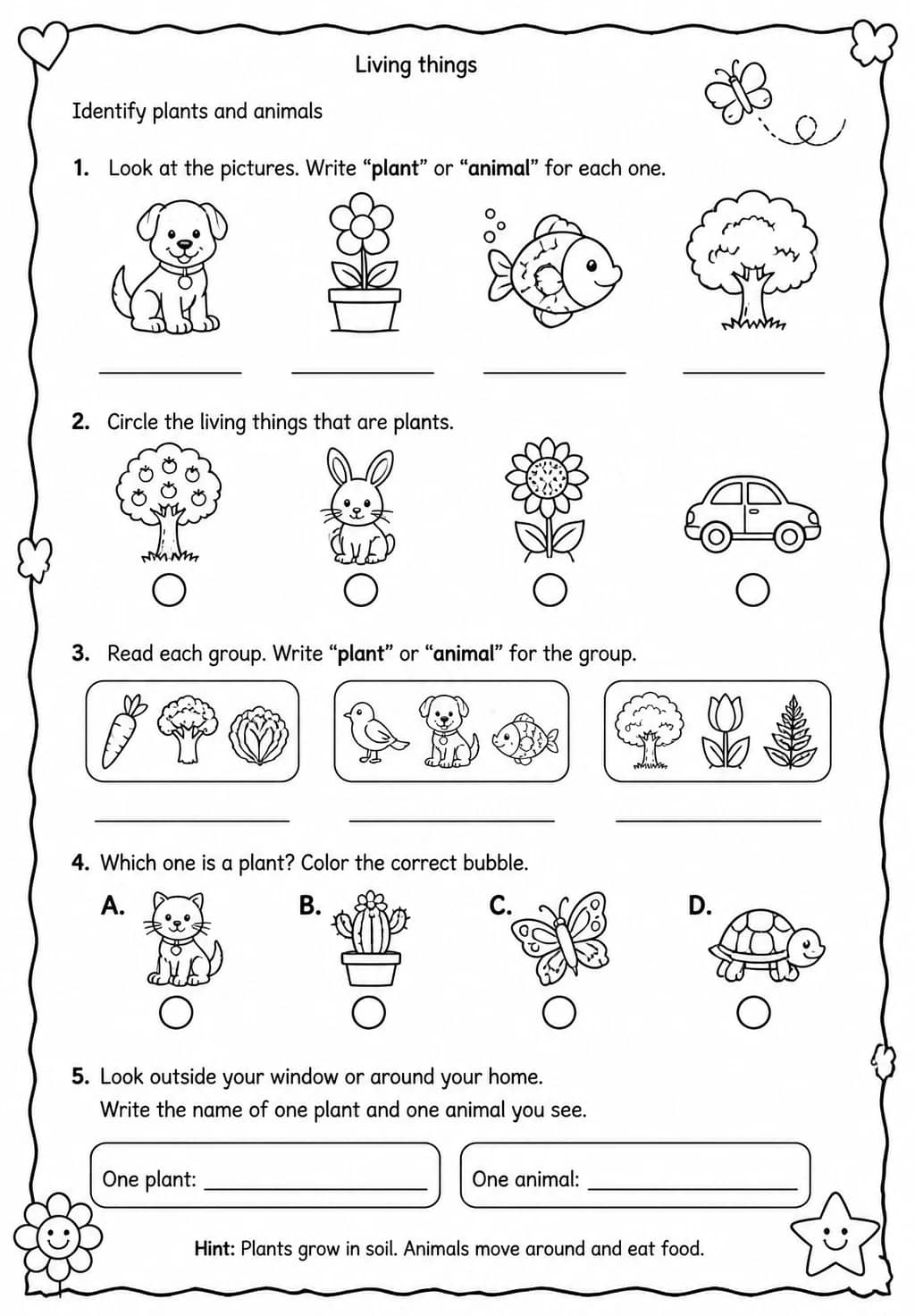 Identify plants and animals — free printable Kindergarten Science worksheet