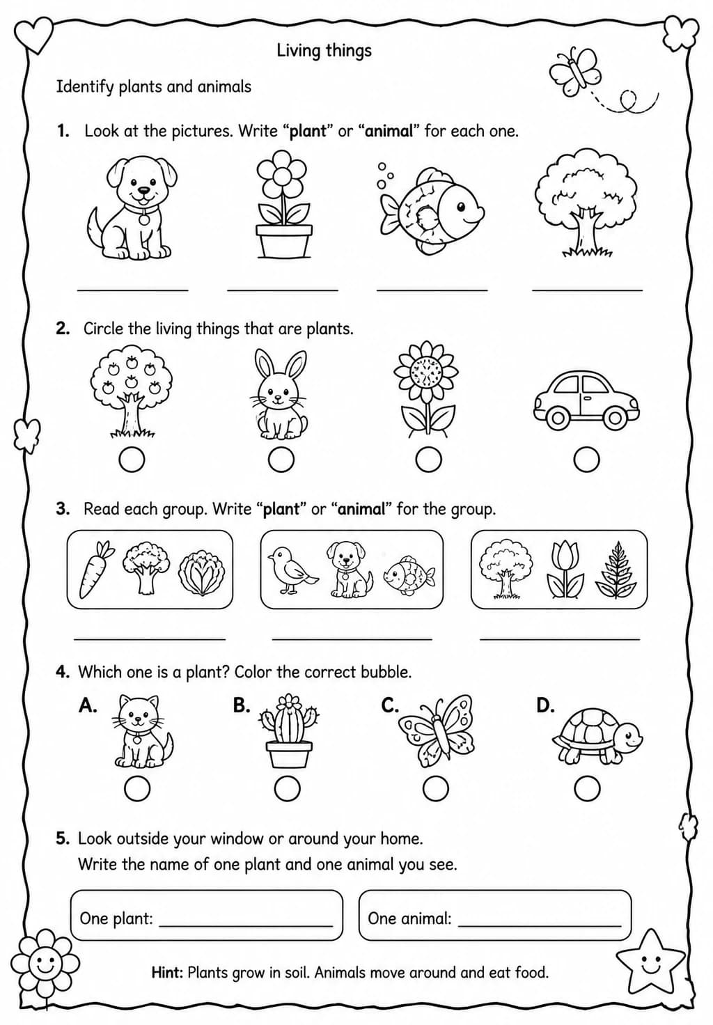 Identify plants and animals — free printable Kindergarten Science worksheet