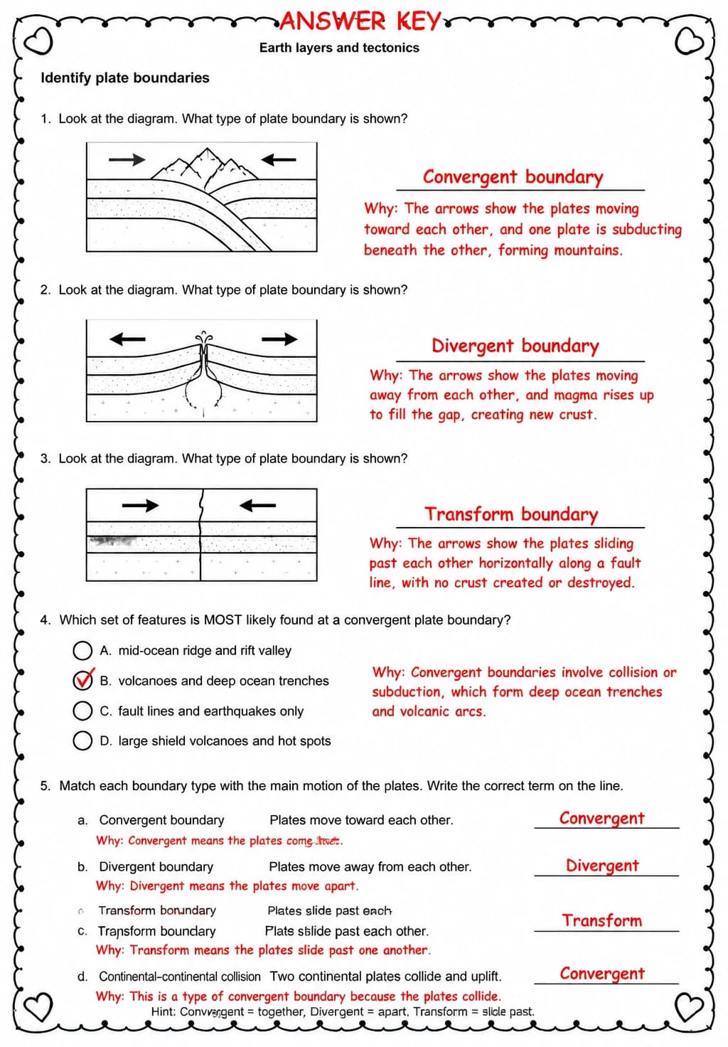 Answer key for Identify plate boundaries — free printable Science worksheet