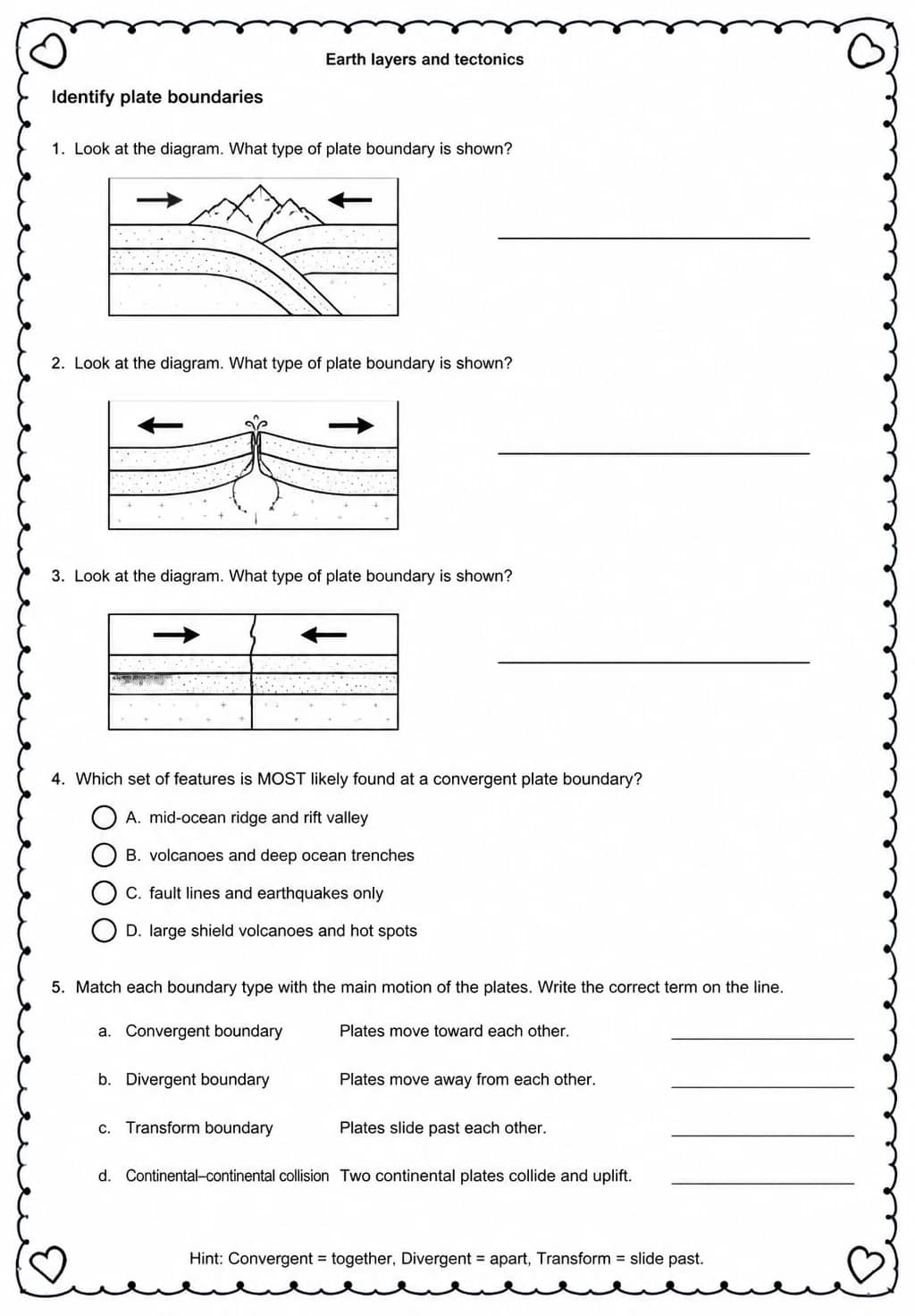 Identify plate boundaries — free printable Middle School Science worksheet