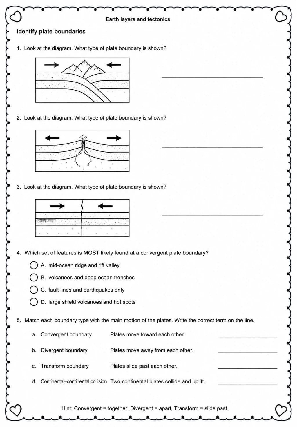Identify plate boundaries — free printable Middle School Science worksheet
