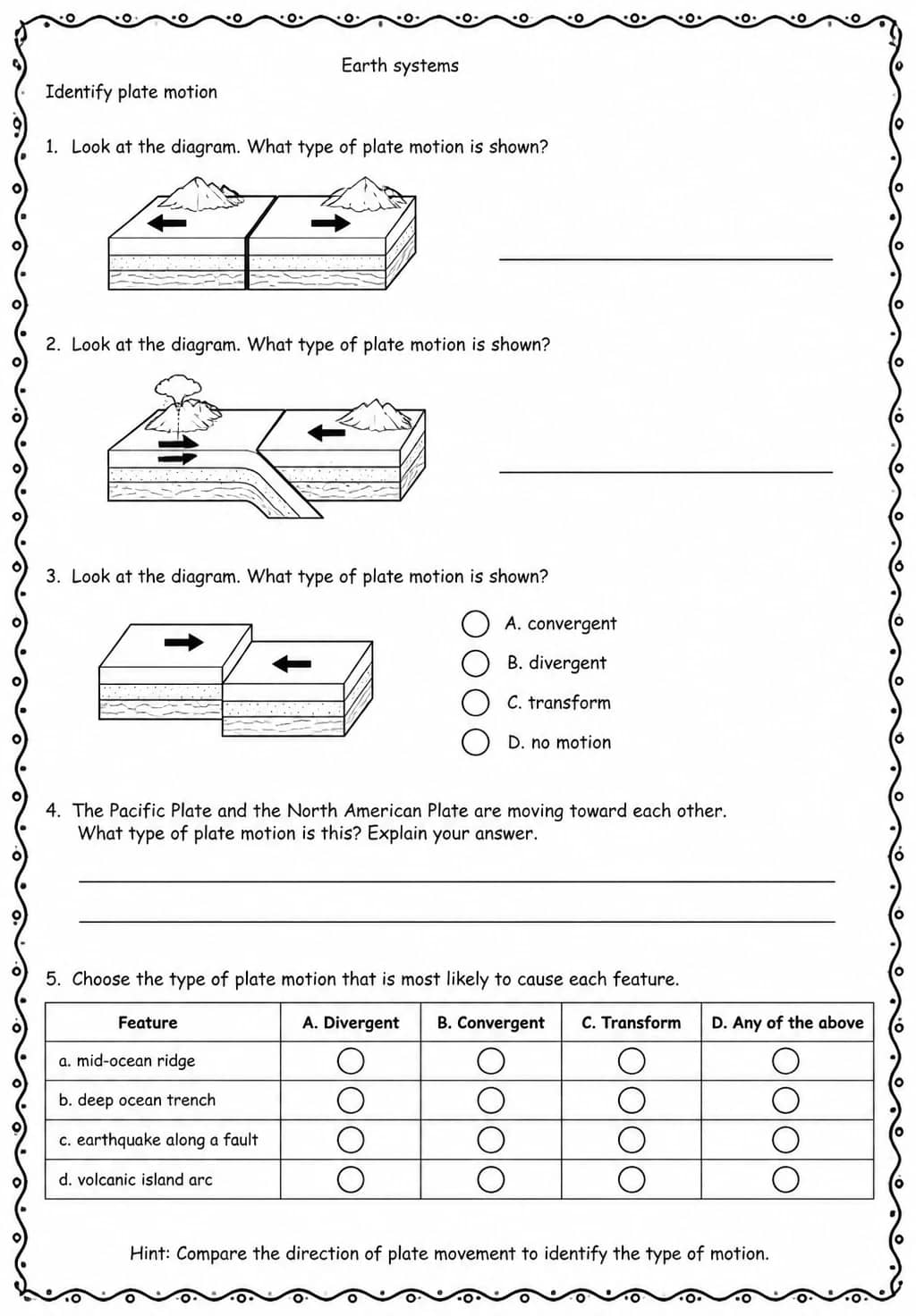 Identify plate motion — free printable Middle School Science worksheet