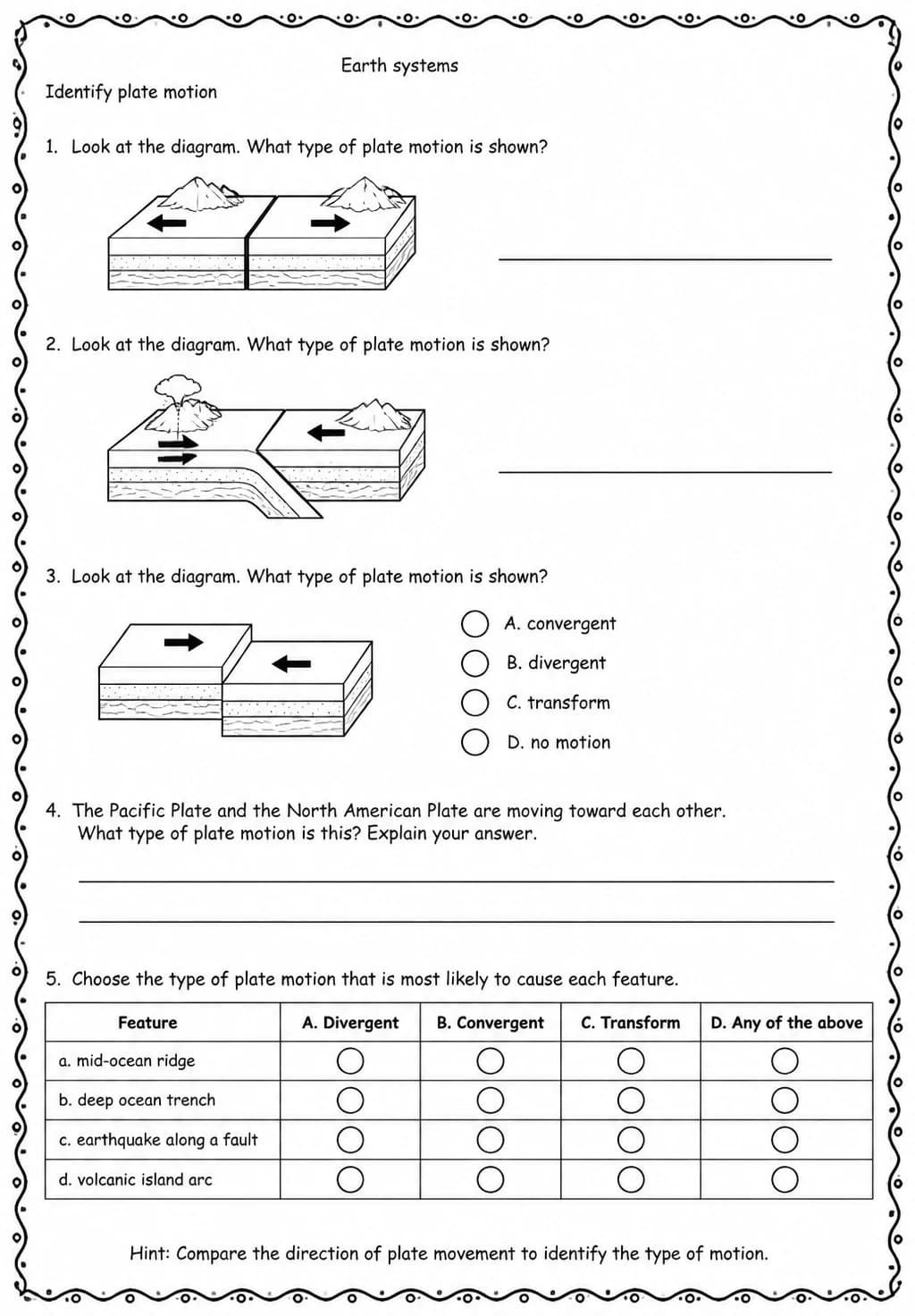 Identify plate motion — free printable Middle School Science worksheet
