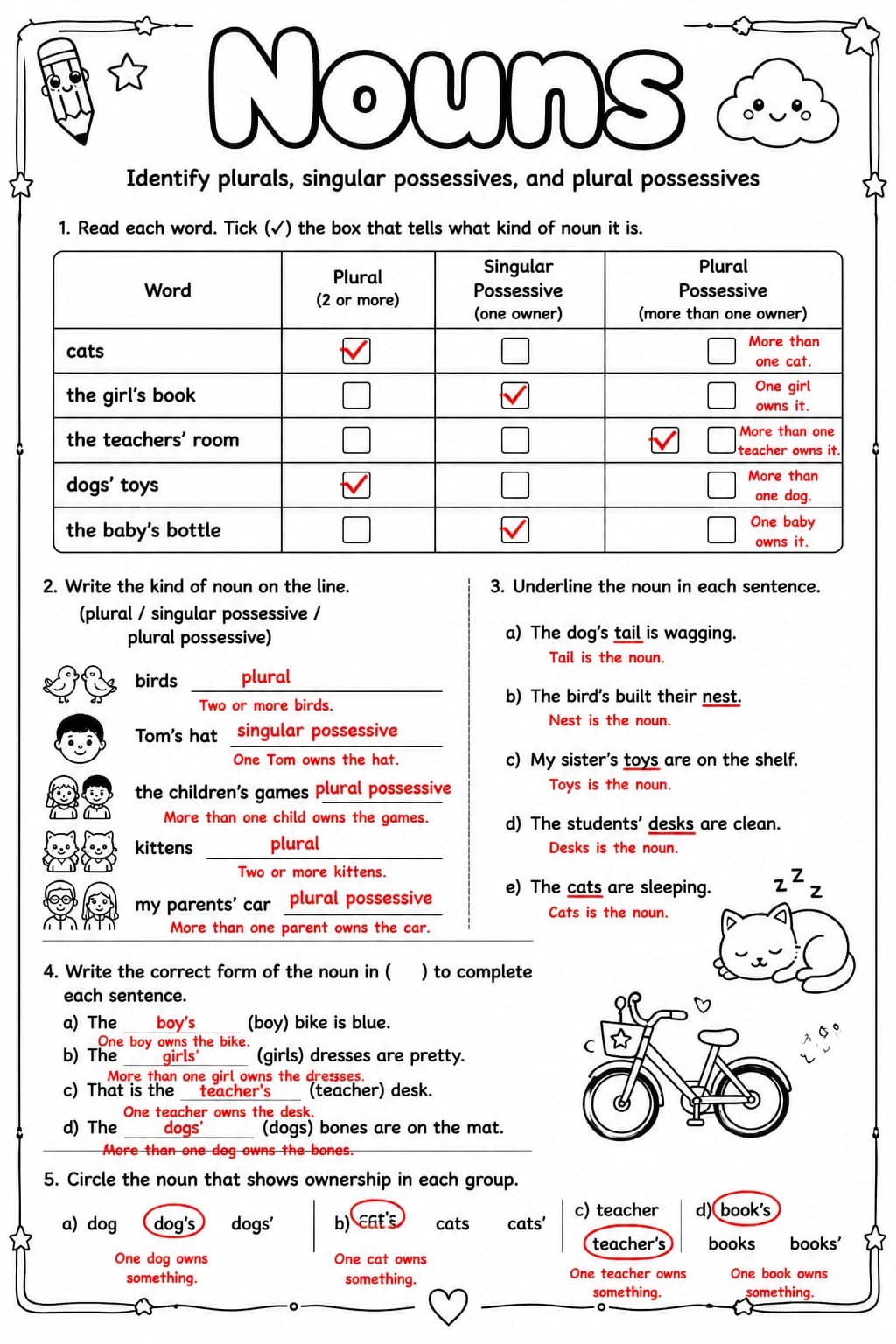 Answer key for Identify plurals, singular possessives, and plural possessives — free printable English & Reading worksheet
