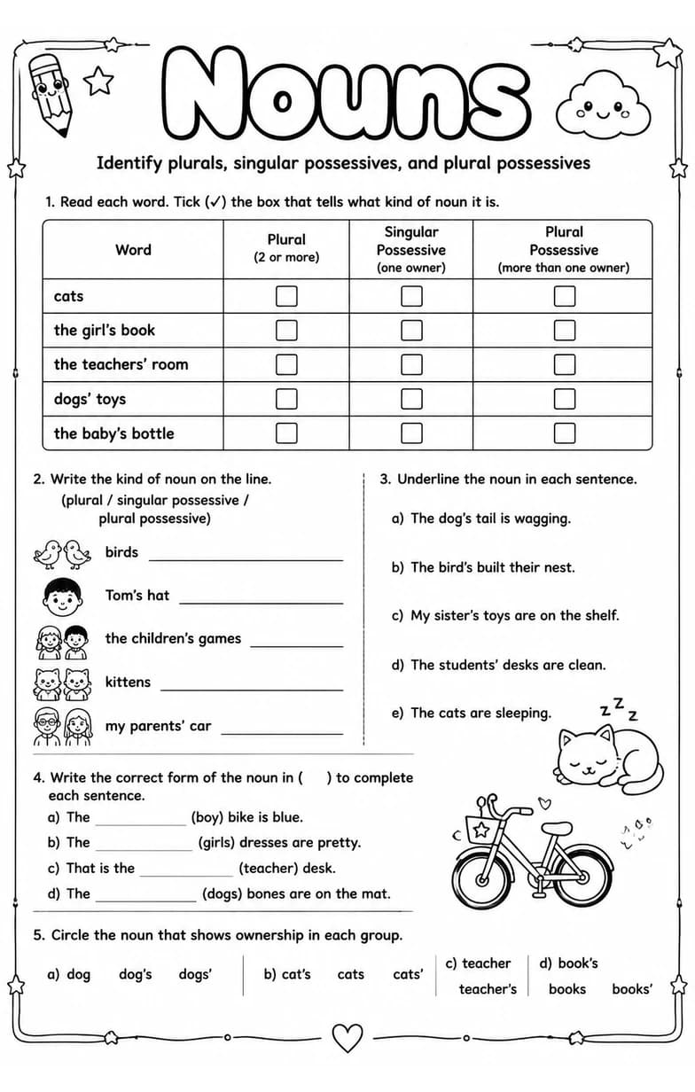 Identify plurals, singular possessives, and plural possessives — free printable Grammar and mechanics English worksheet