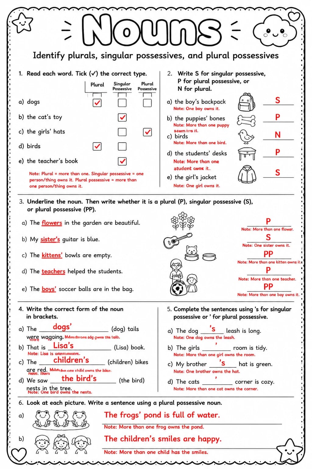 Answer key for Identify plurals, singular possessives, and plural possessives — free printable English & Reading worksheet