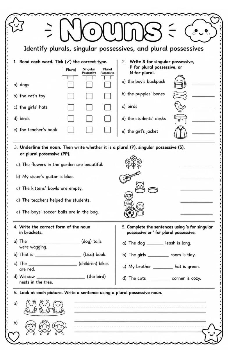 Identify plurals, singular possessives, and plural possessives — free printable Grammar and mechanics English worksheet