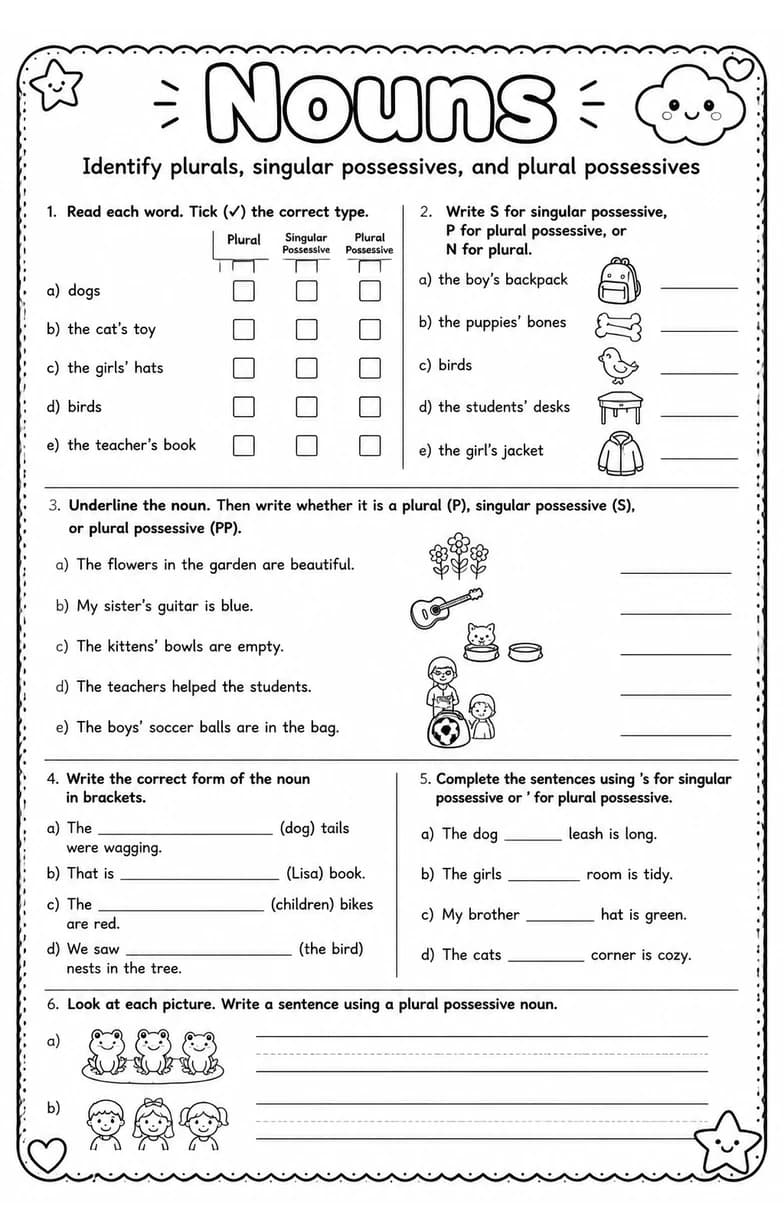 Identify plurals, singular possessives, and plural possessives — free printable Grade 3 English & Reading worksheet
