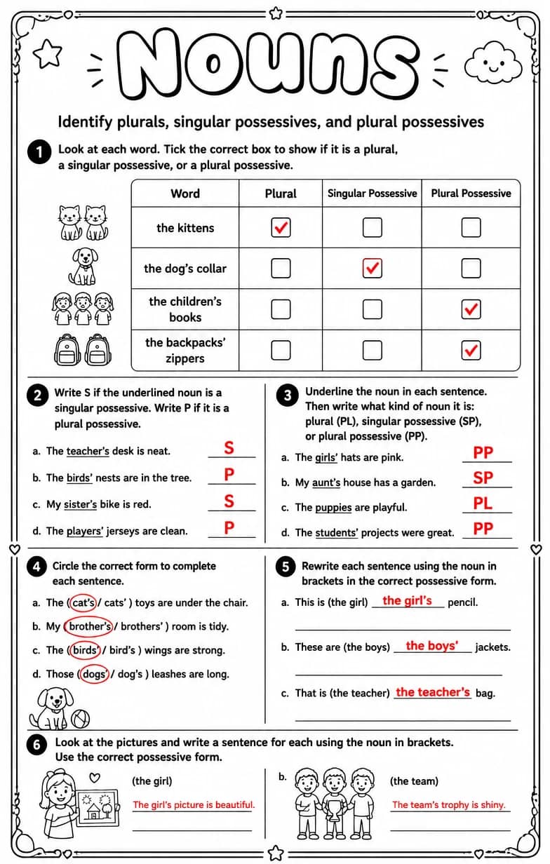 Answer key for Identify plurals, singular possessives, and plural possessives — free printable English & Reading worksheet