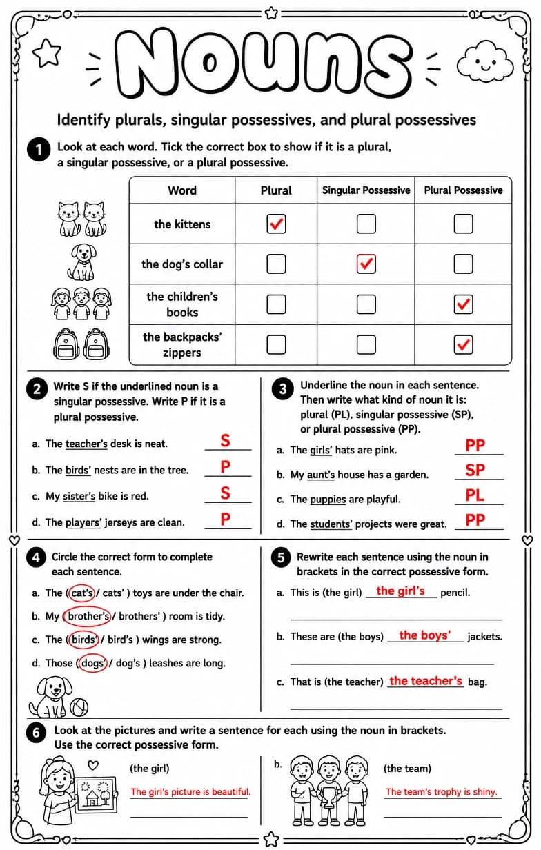 Answer key for Identify plurals, singular possessives, and plural possessives — free printable English & Reading worksheet