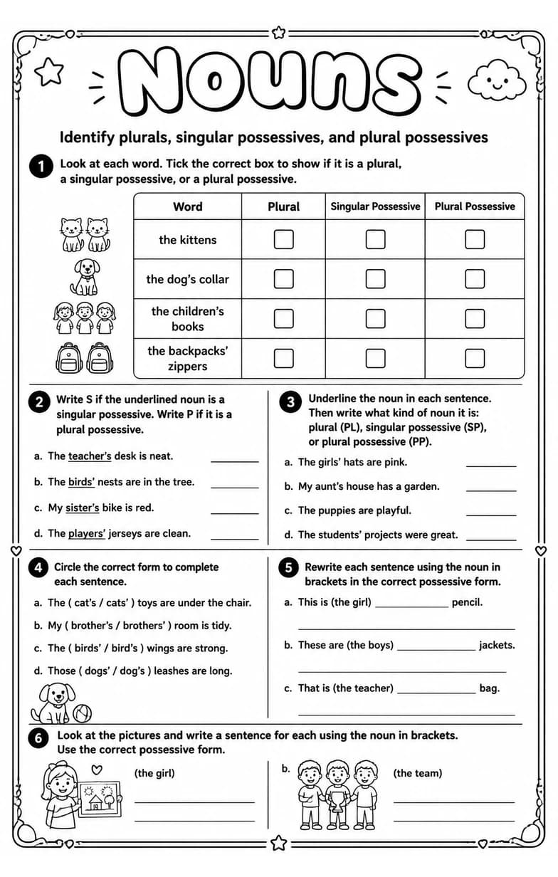Identify plurals, singular possessives, and plural possessives — free printable Grade 4 English & Reading worksheet