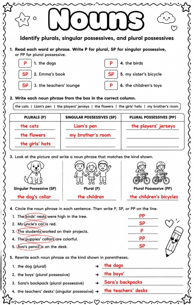 Answer key for Identify plurals, singular possessives, and plural possessives — free printable English & Reading worksheet