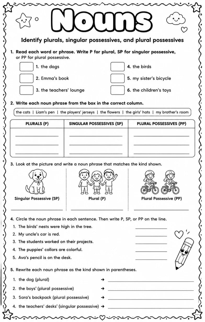 Identify plurals, singular possessives, and plural possessives — free printable Grade 5 English & Reading worksheet