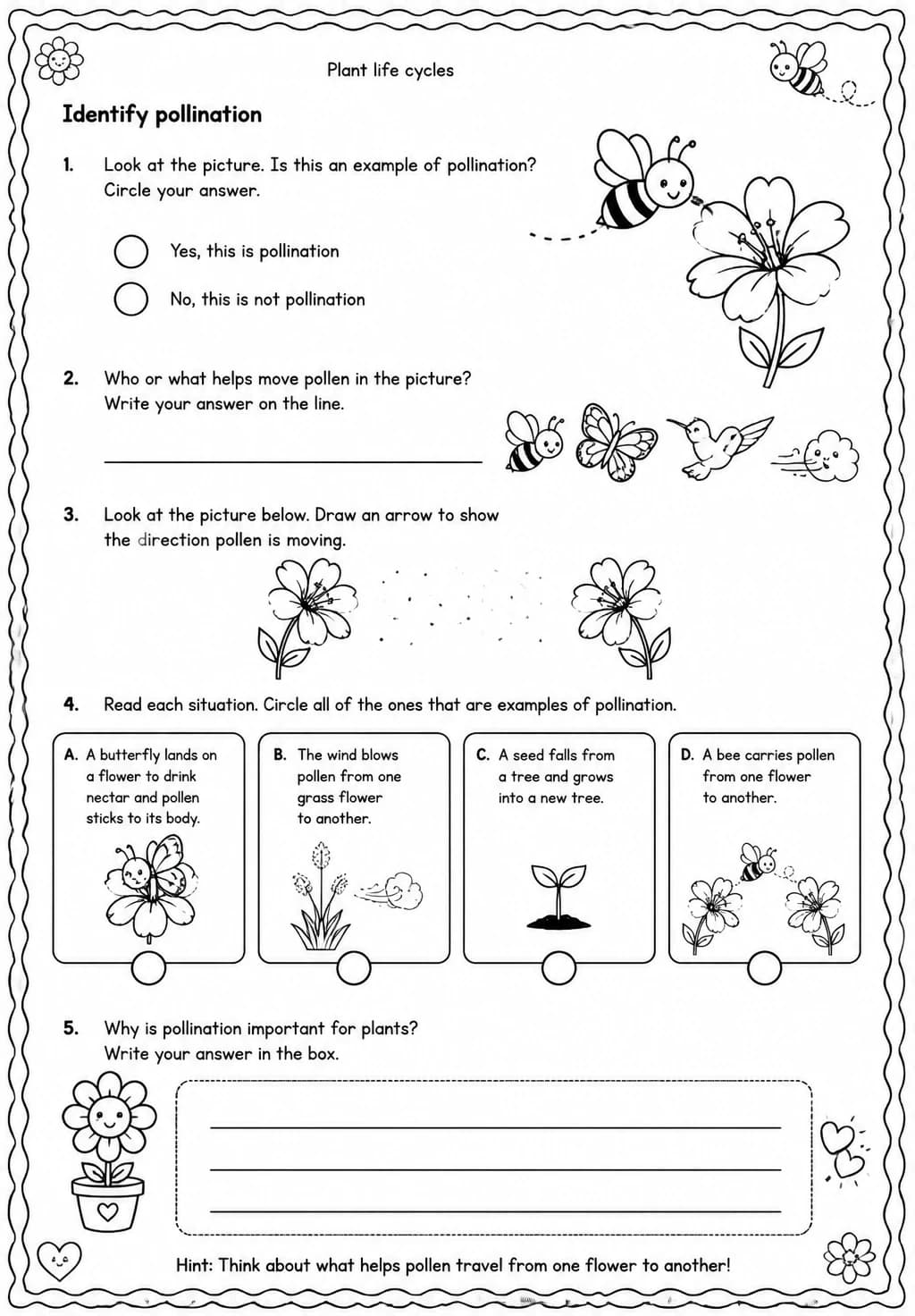 Identify pollination — free printable Grade 4 Science worksheet