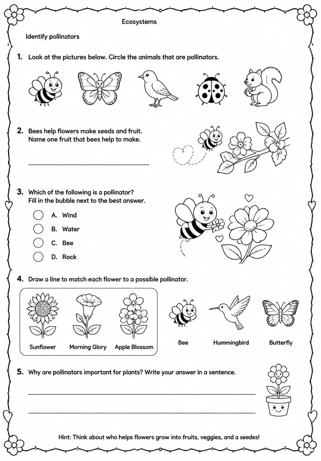 Identify pollinators — free printable Grade 2 Science worksheet