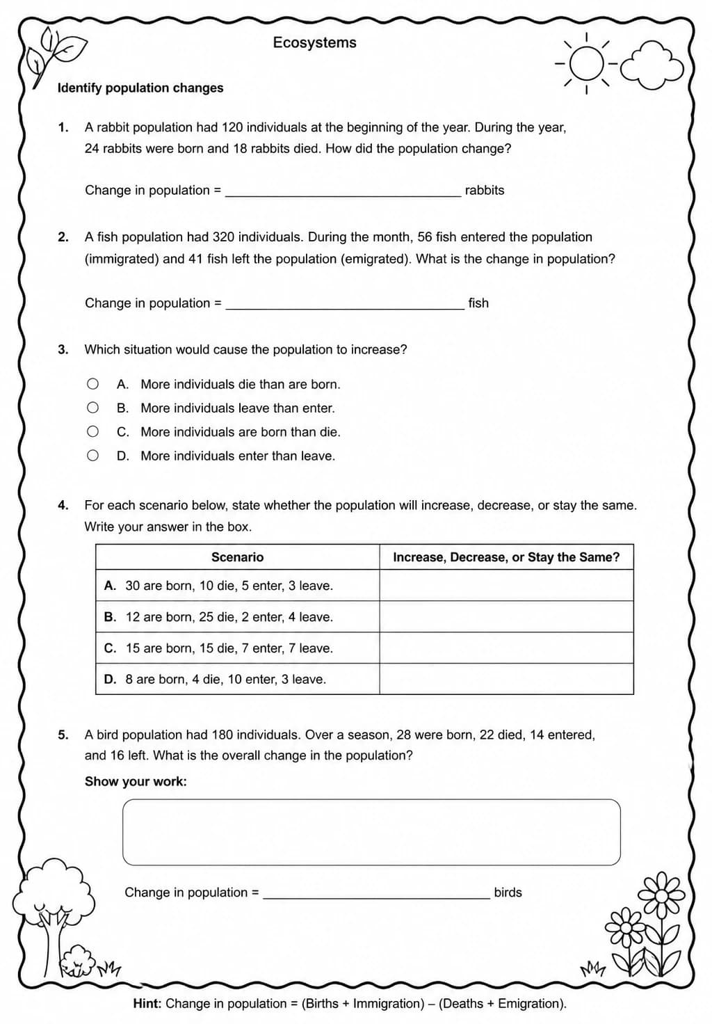 Identify population changes — free printable Middle School Science worksheet