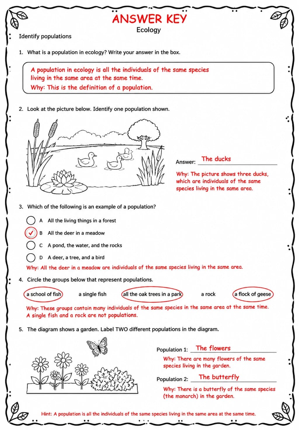 Answer key for Identify populations — free printable Science worksheet
