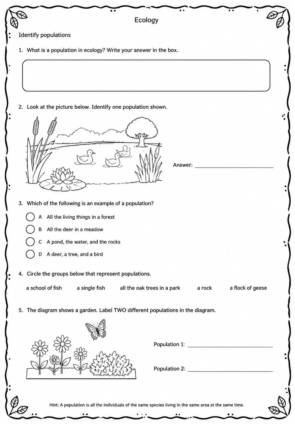 Identify populations — free printable High School Science worksheet