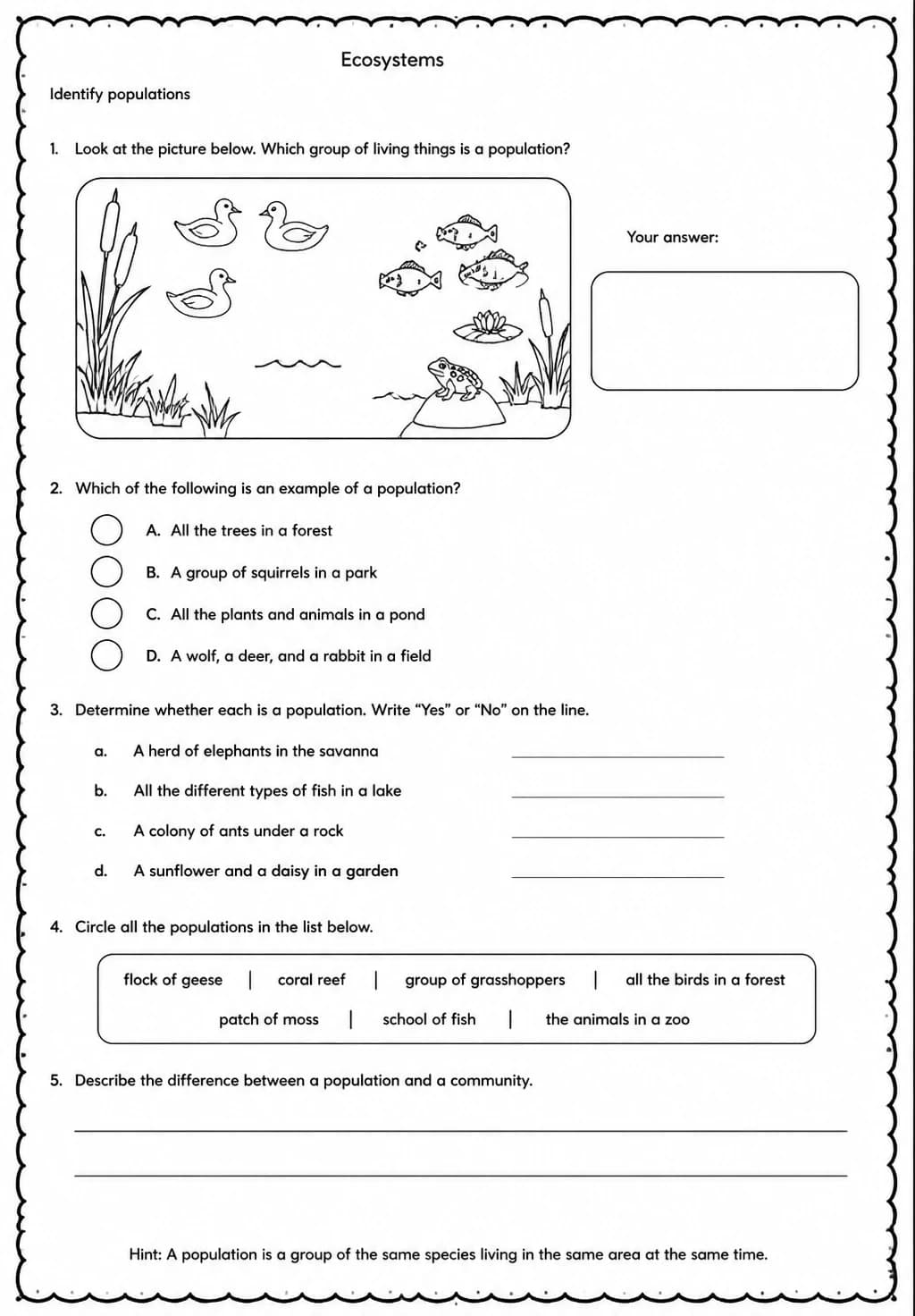 Identify populations — free printable Middle School Science worksheet