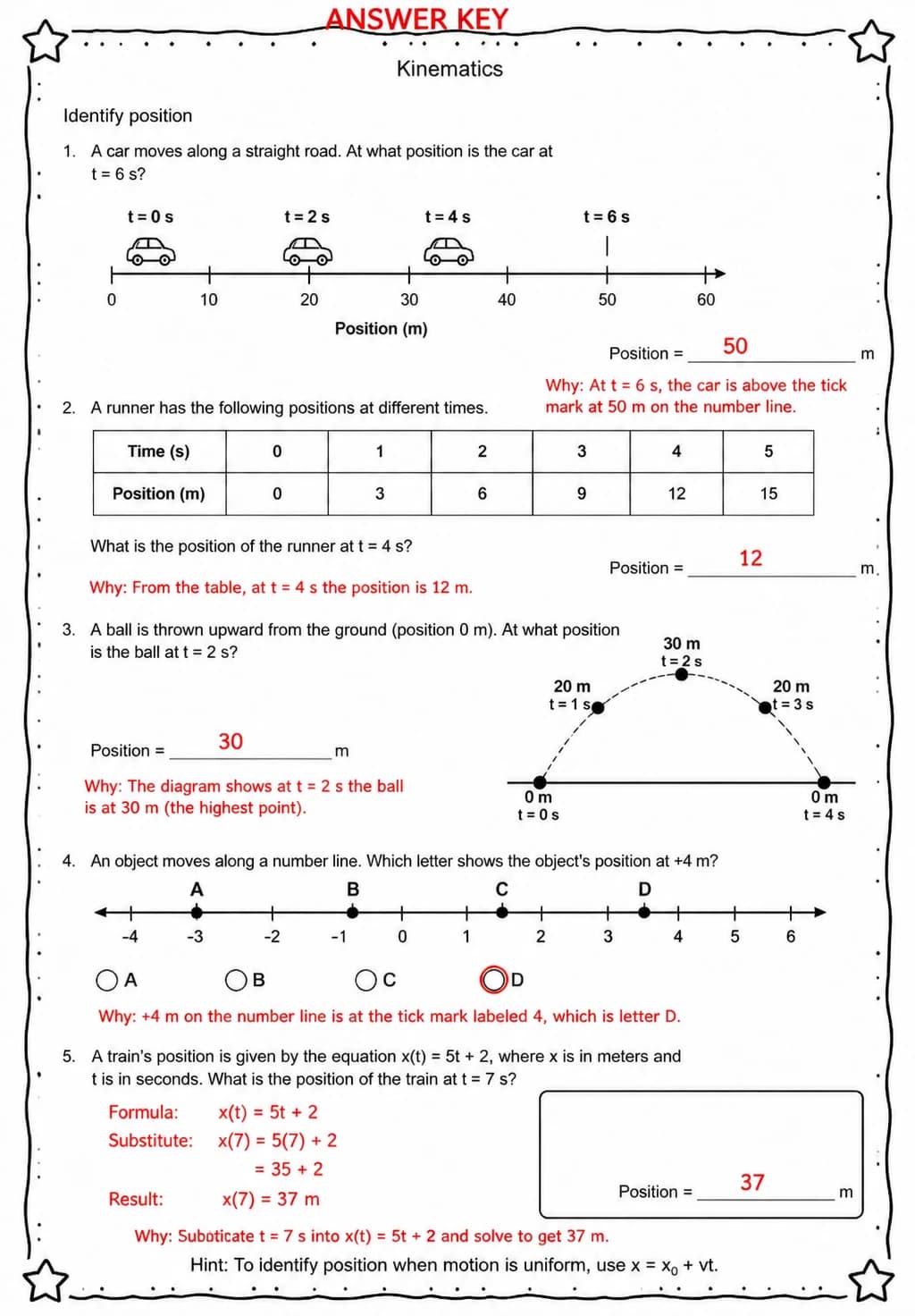 Answer key for Identify position — free printable Science worksheet