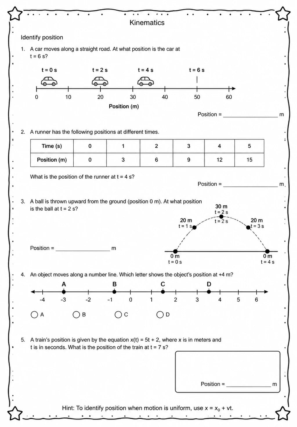 Identify position — free printable High School Science worksheet