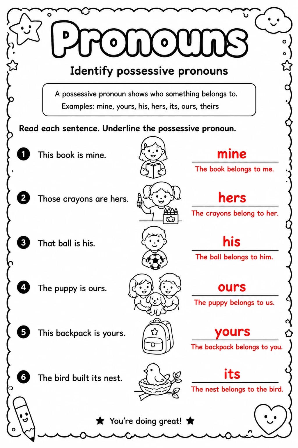 Answer key for Identify possessive pronouns — free printable English & Reading worksheet