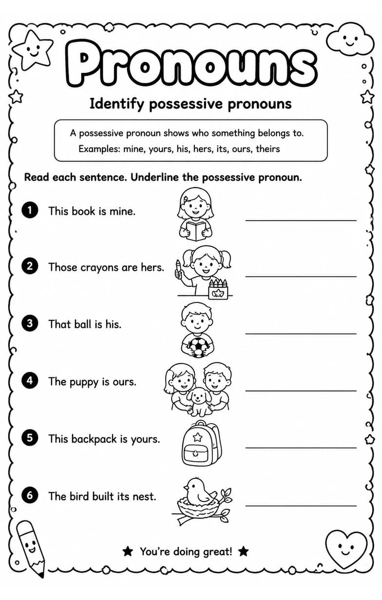Identify possessive pronouns — free printable Grade 2 English & Reading worksheet