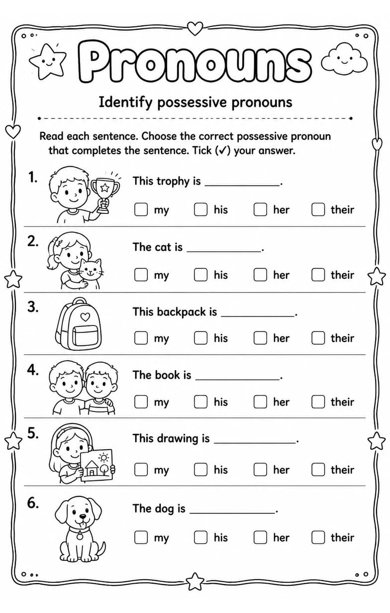 Identify possessive pronouns — free printable Grade 3 English & Reading worksheet