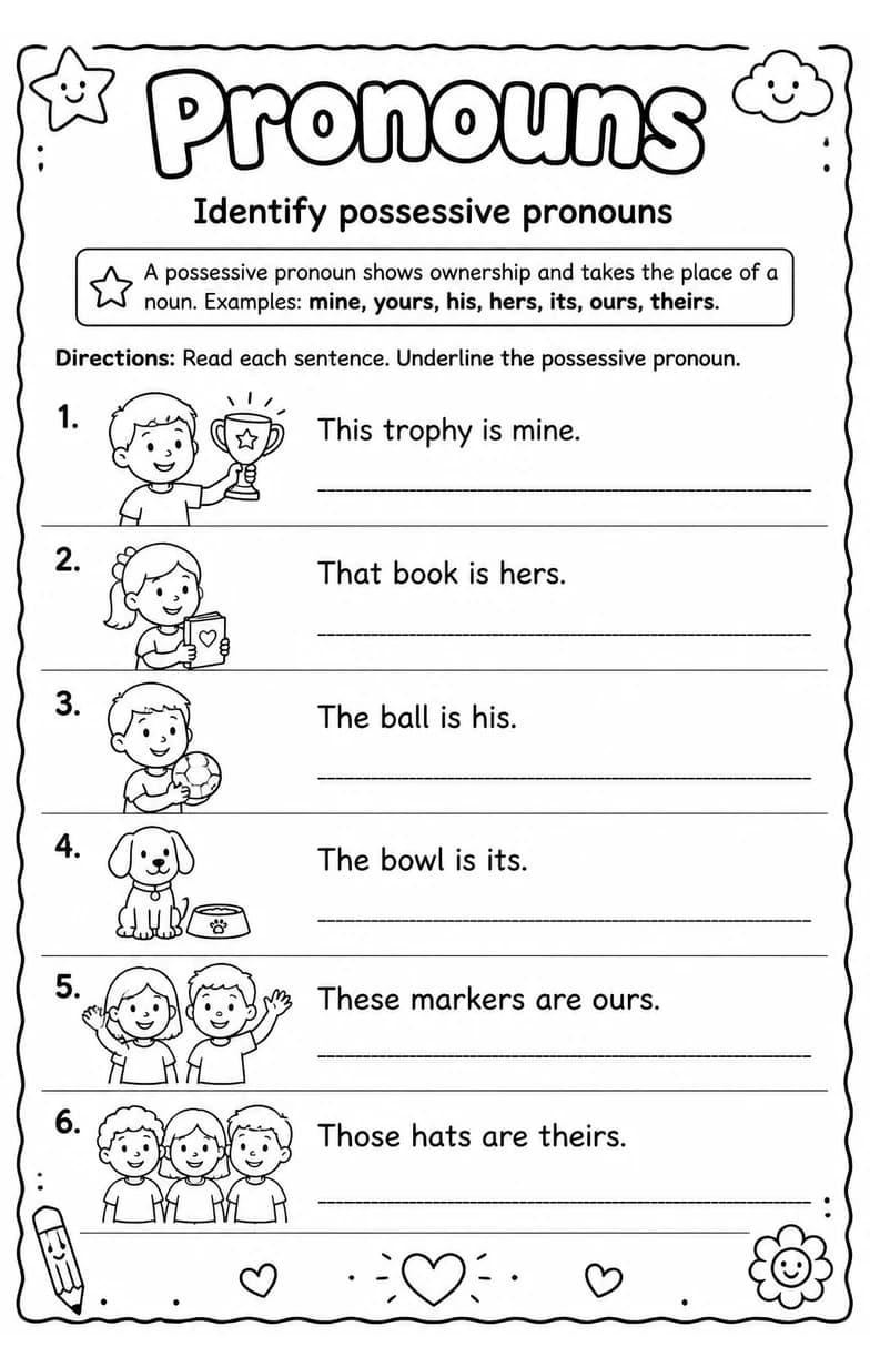 Identify possessive pronouns — free printable Grade 4 English & Reading worksheet