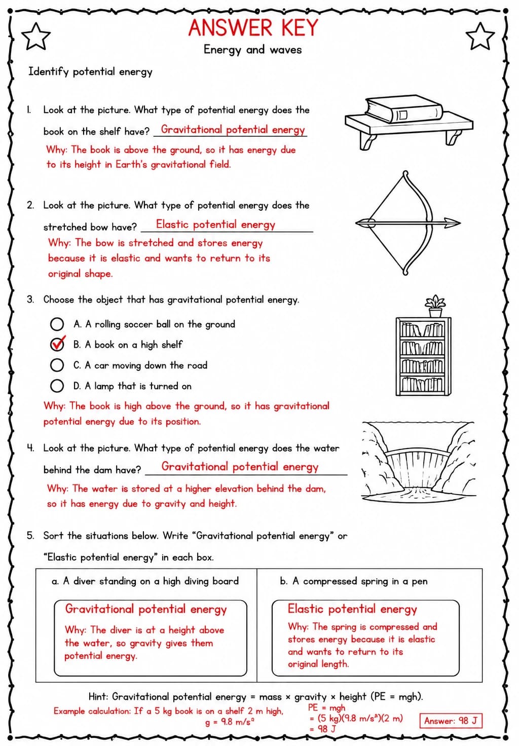 Answer key for Identify potential energy — free printable Science worksheet