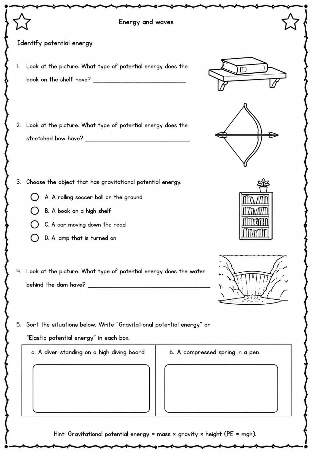 Identify potential energy — free printable Middle School Science worksheet