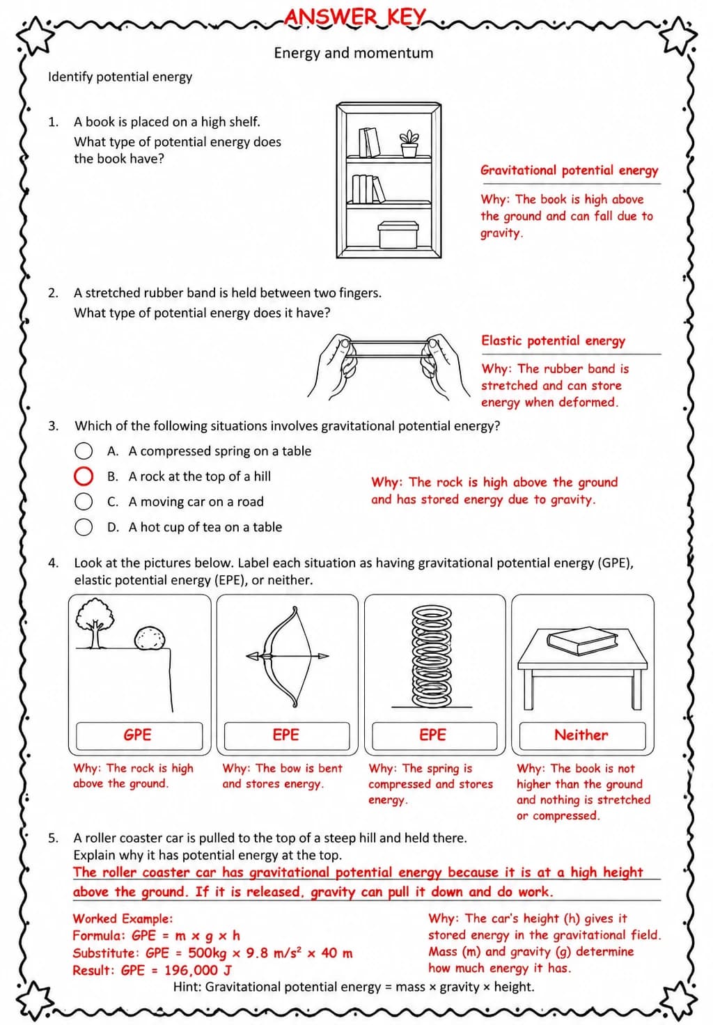 Answer key for Identify potential energy — free printable Science worksheet