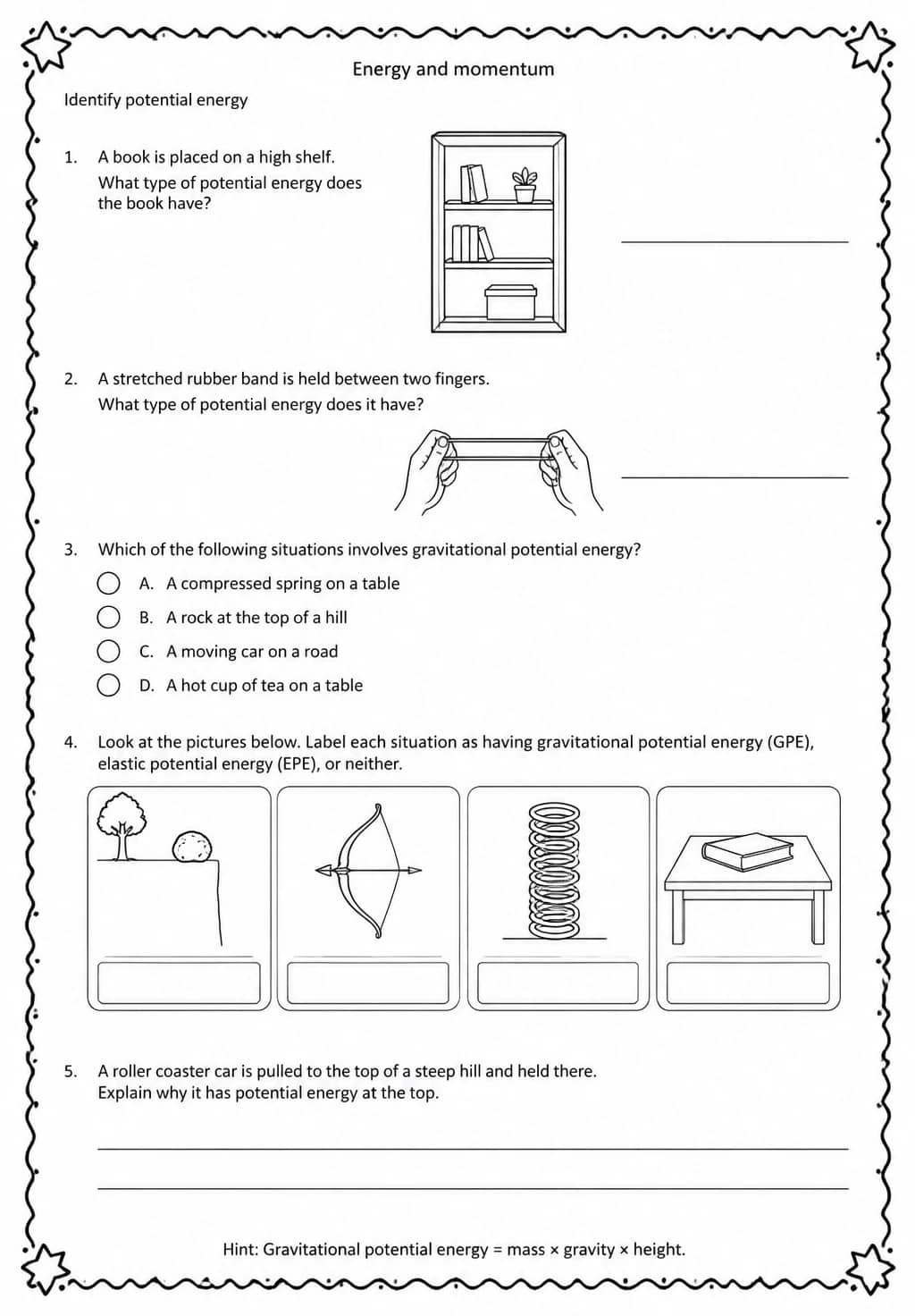 Identify potential energy — free printable High School Science worksheet