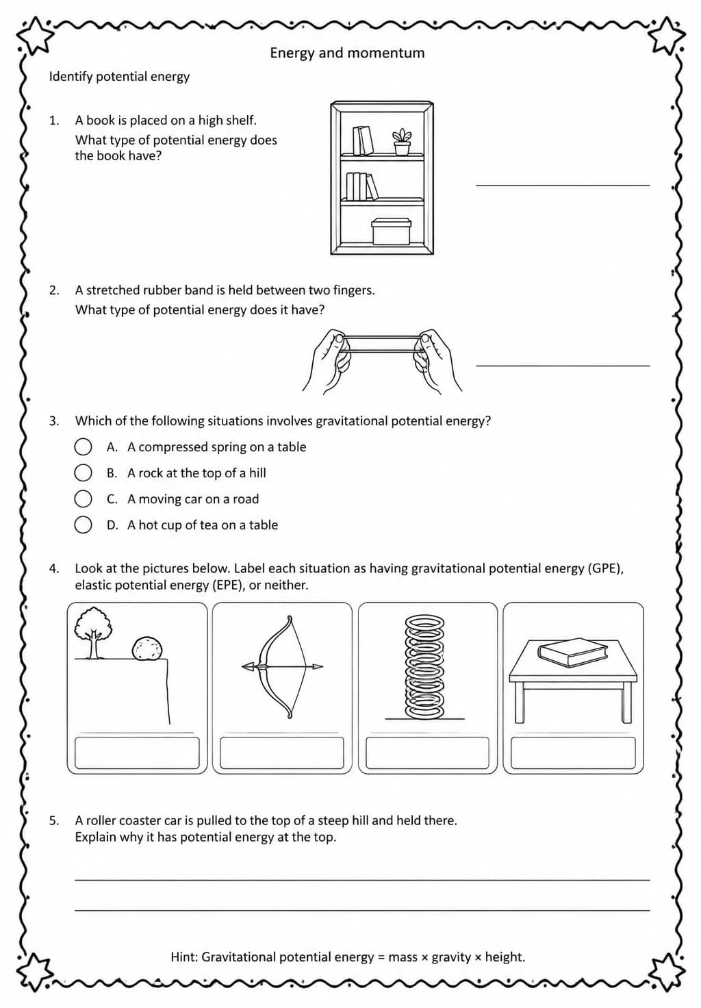 Identify potential energy — free printable High School Science worksheet