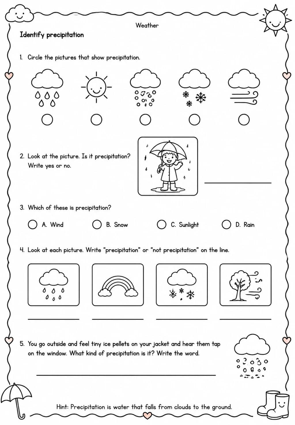 Identify precipitation — free printable Grade 1 Science worksheet