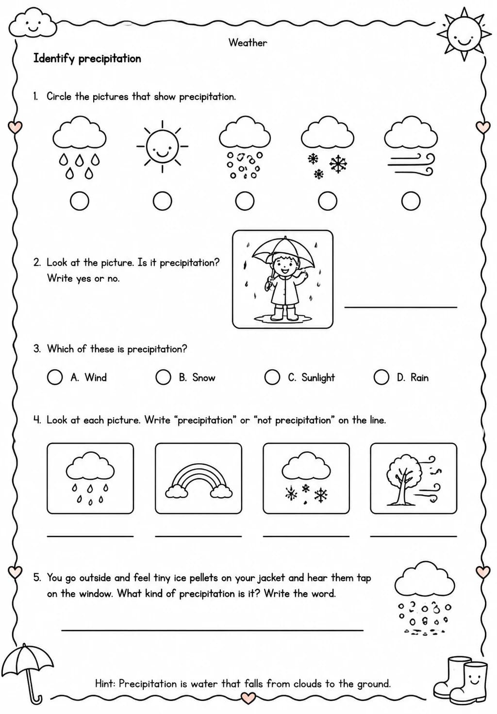 Identify precipitation — free printable Grade 1 Science worksheet