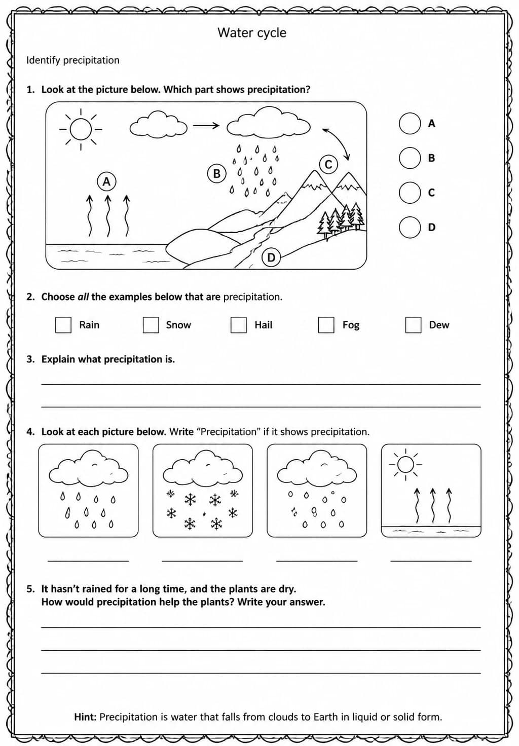 Identify precipitation — free printable Grade 5 Science worksheet