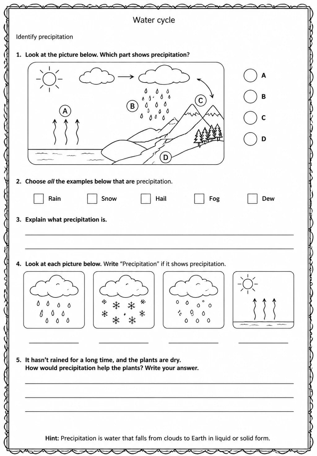 Identify precipitation — free printable Grade 5 Science worksheet