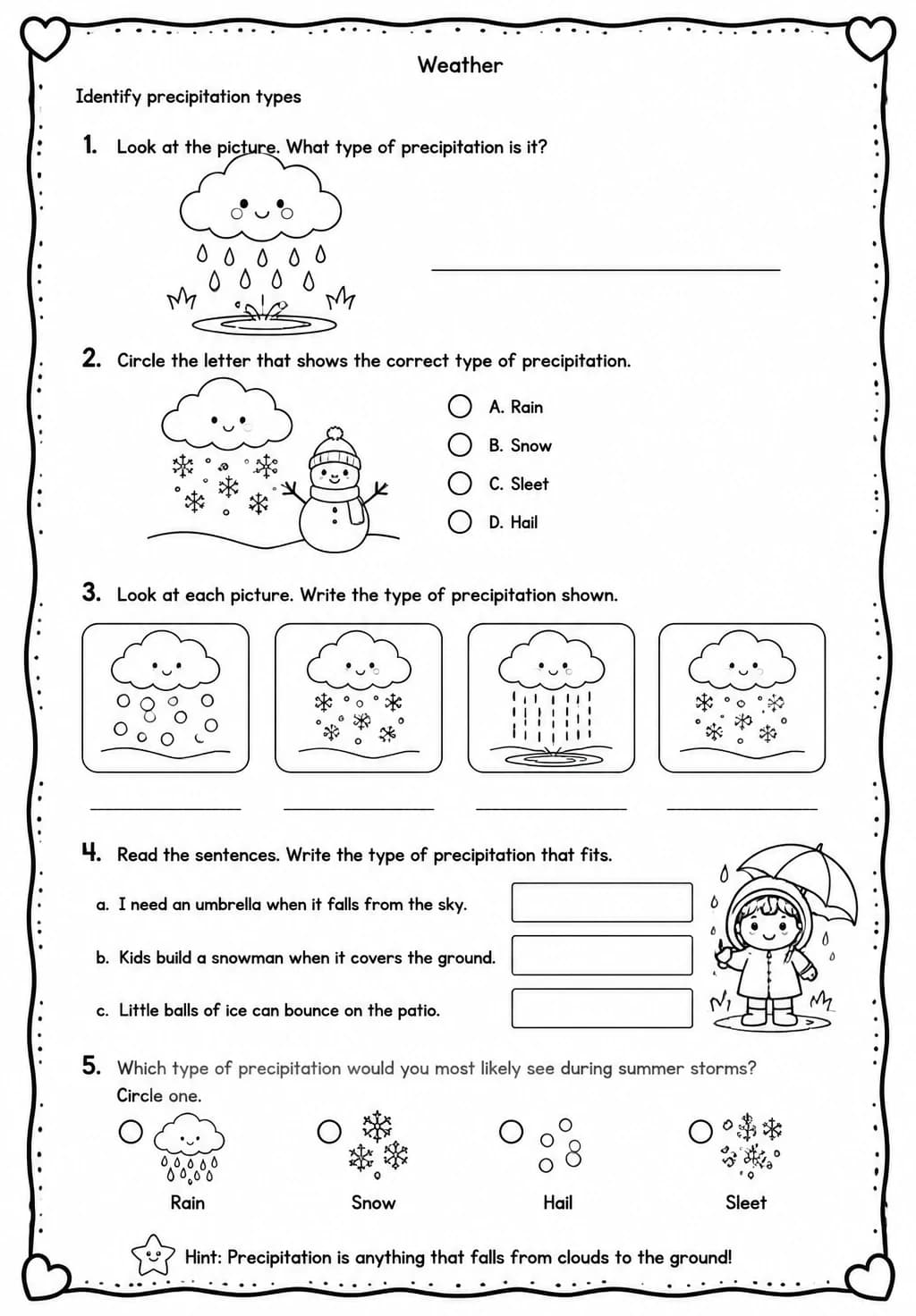 Identify precipitation types — free printable Grade 2 Science worksheet