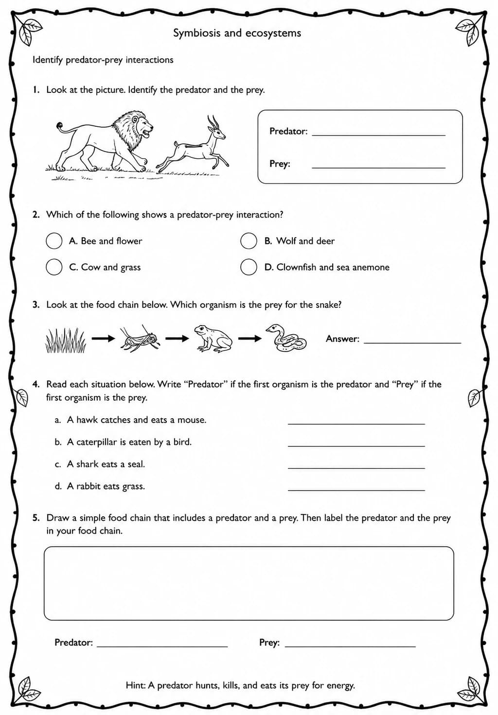 Identify predator-prey interactions — free printable Middle School Science worksheet