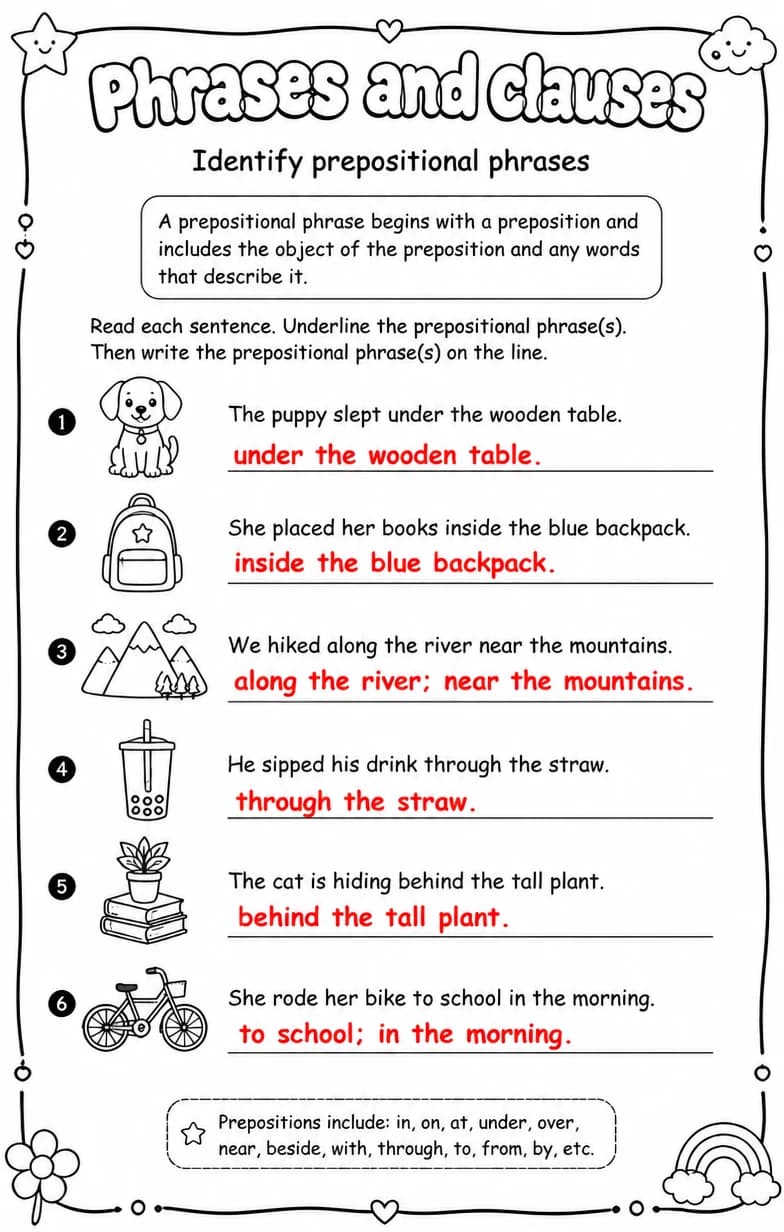 Answer key for Identify prepositional phrases — free printable English & Reading worksheet