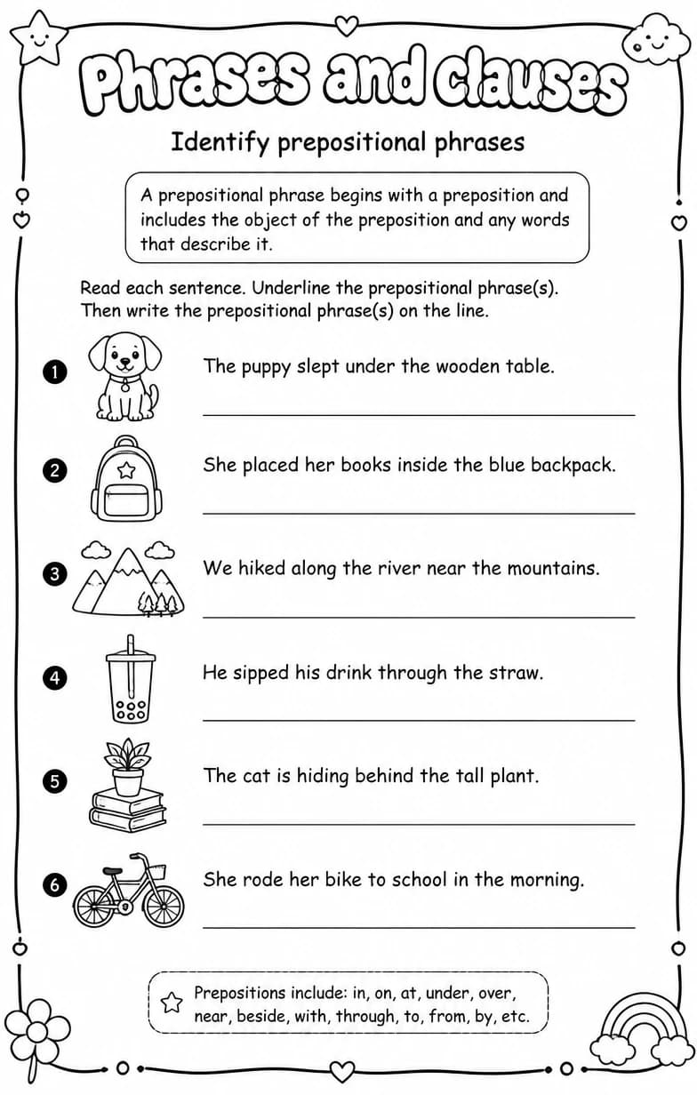 Identify prepositional phrases