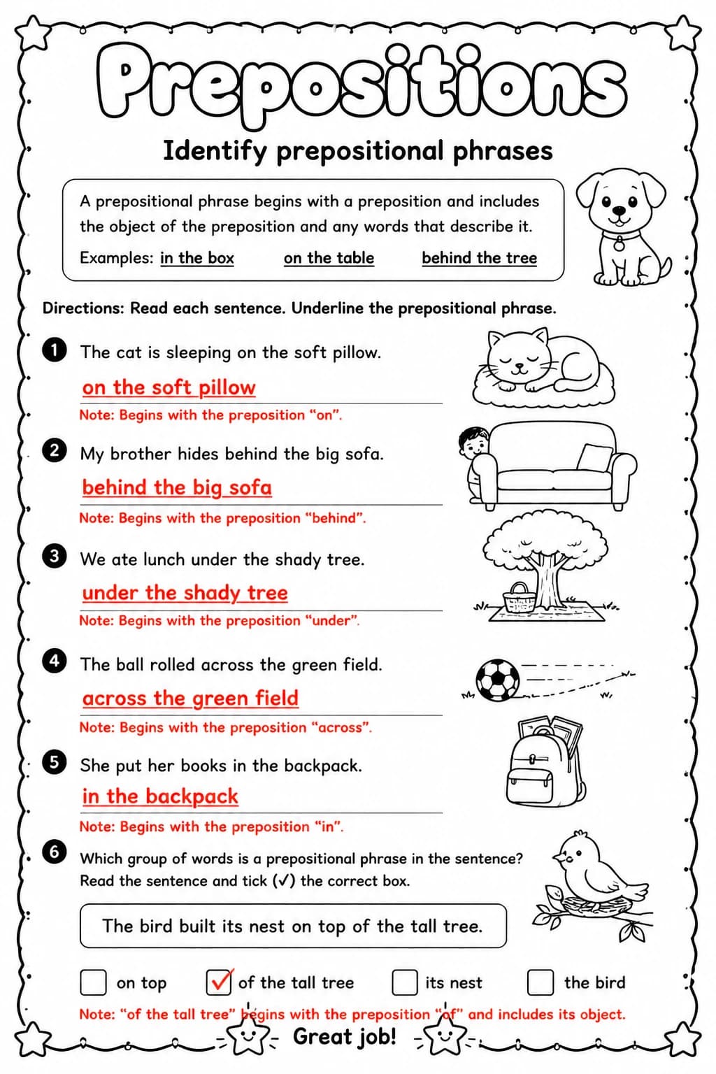 Answer key for Identify prepositional phrases — free printable English & Reading worksheet