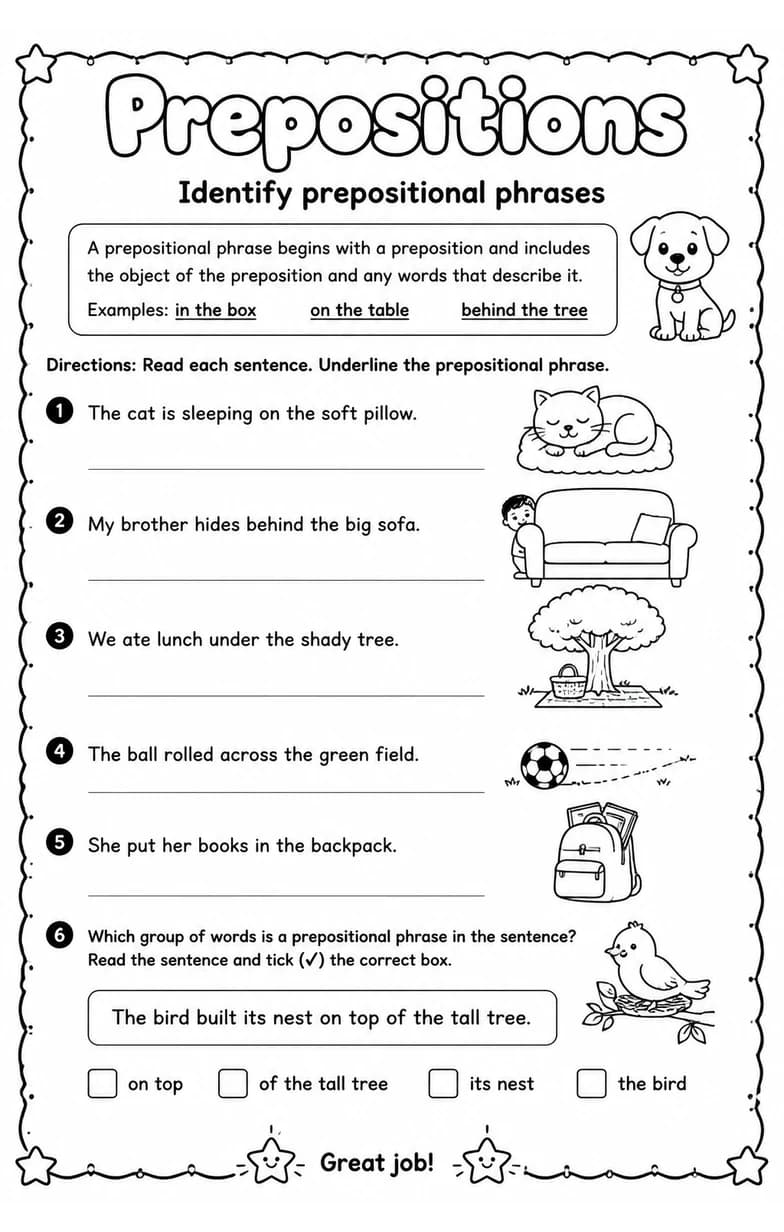 Identify prepositional phrases — free printable Grade 3 English & Reading worksheet