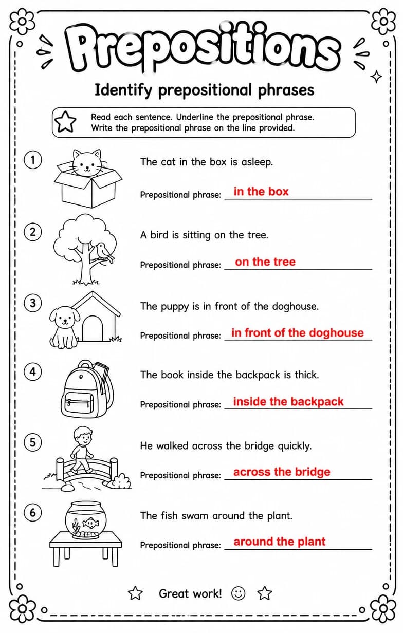 Answer key for Identify prepositional phrases — free printable English & Reading worksheet