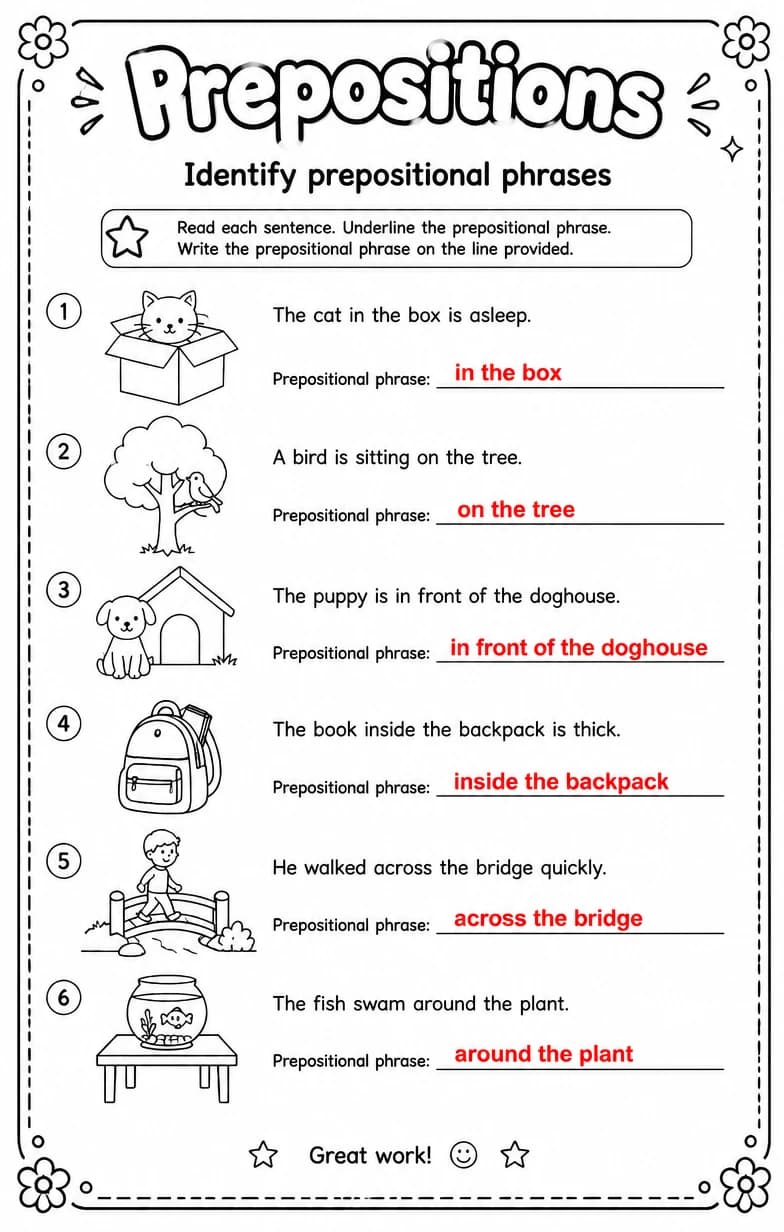 Answer key for Identify prepositional phrases — free printable English & Reading worksheet