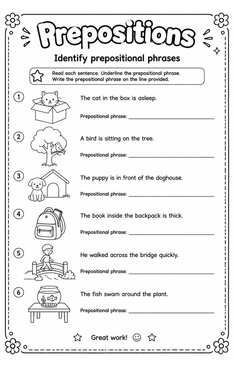 Identify prepositional phrases — free printable Grade 4 English & Reading worksheet